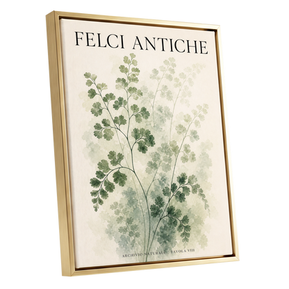 Verdant Herbarium, green, beige, black nature wall art shown as a gold framed canvas wall art