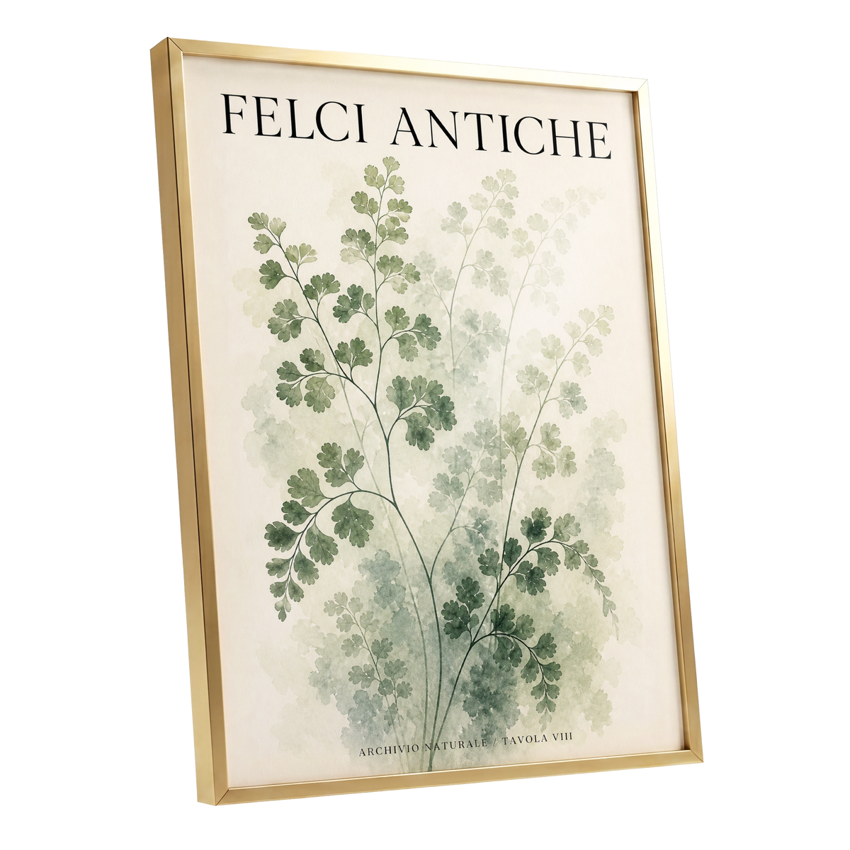 Verdant Herbarium, green, beige, black nature wall art shown as a gold framed poster wall art print