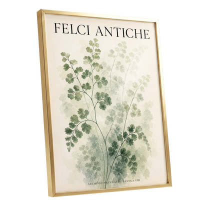 Verdant Herbarium, green, beige, black nature wall art shown as a gold framed poster wall art print