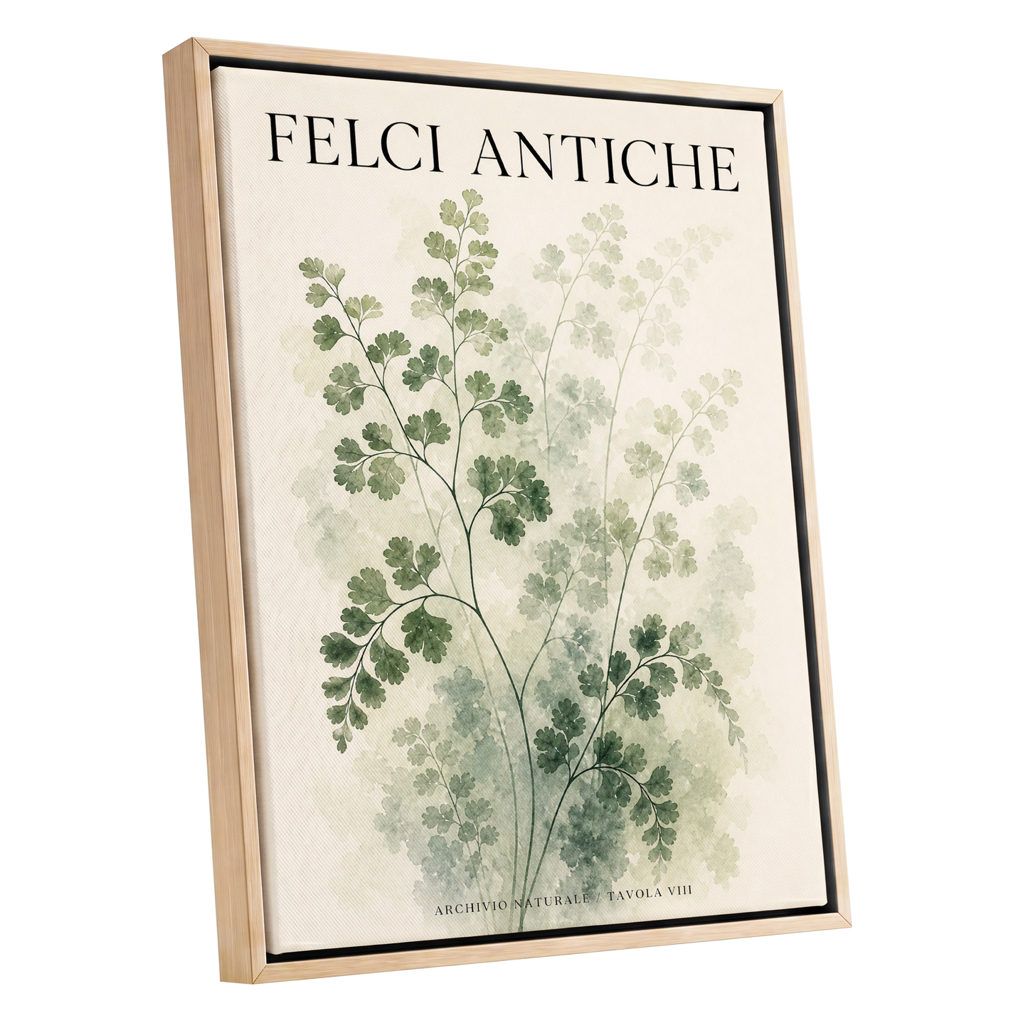 Verdant Herbarium, green, beige, black nature wall art shown as a oak framed canvas wall art