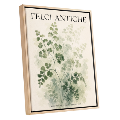 Verdant Herbarium, green, beige, black nature wall art shown as a oak framed canvas wall art