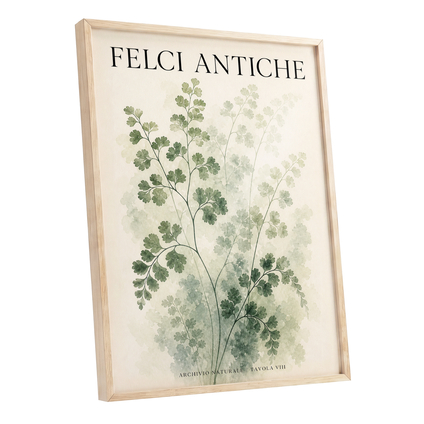 Verdant Herbarium, green, beige, black nature wall art shown as a oak framed poster wall art print