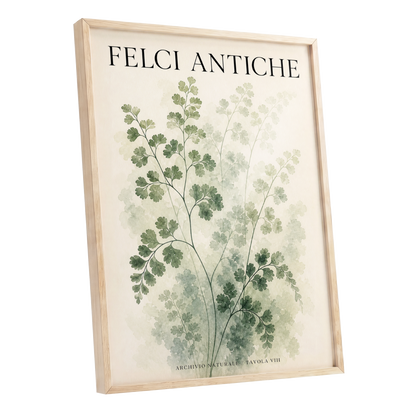 Verdant Herbarium, green, beige, black nature wall art shown as a oak framed poster wall art print