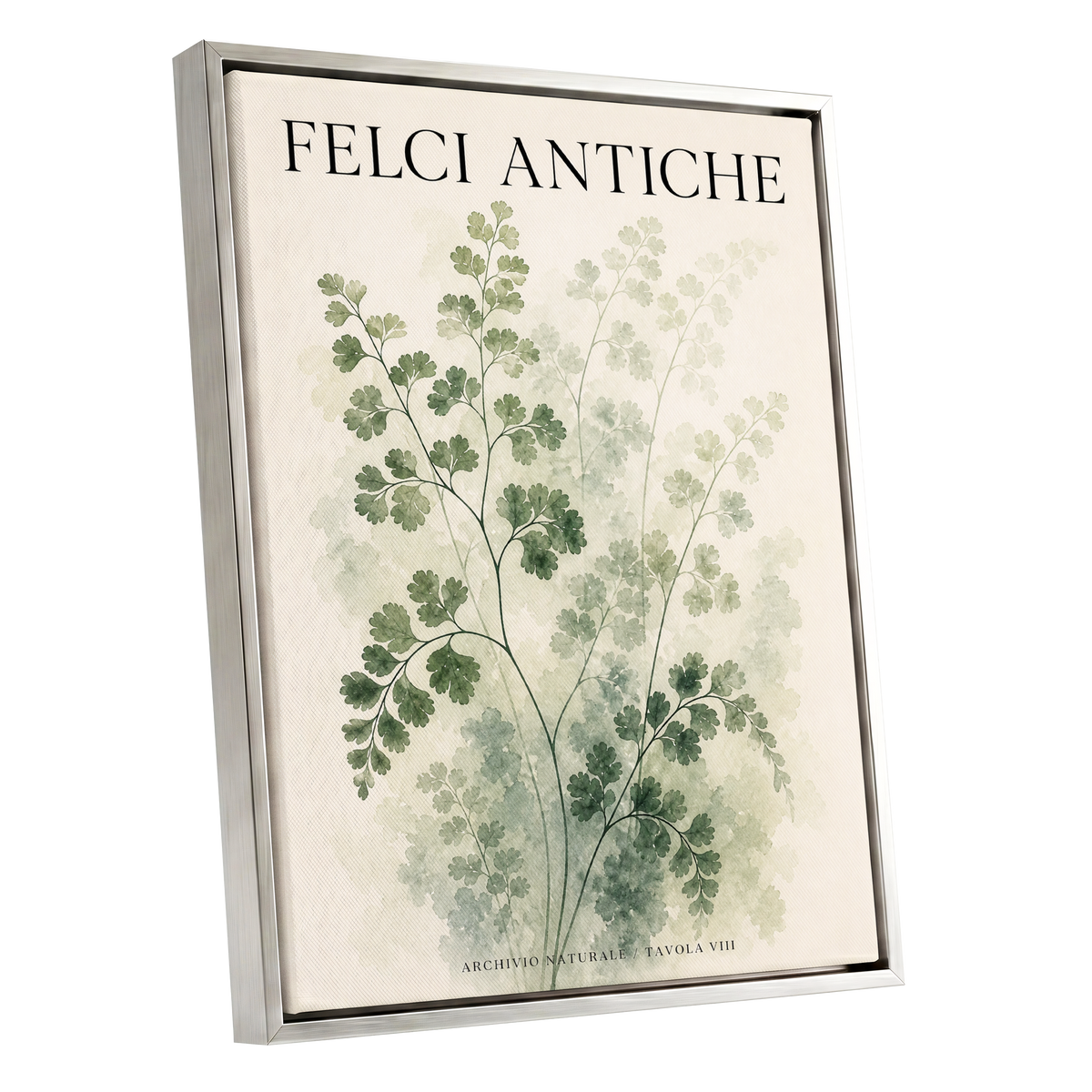 Verdant Herbarium, green, beige, black nature wall art shown as a silver framed canvas wall art
