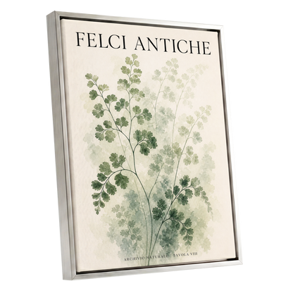 Verdant Herbarium, green, beige, black nature wall art shown as a silver framed canvas wall art