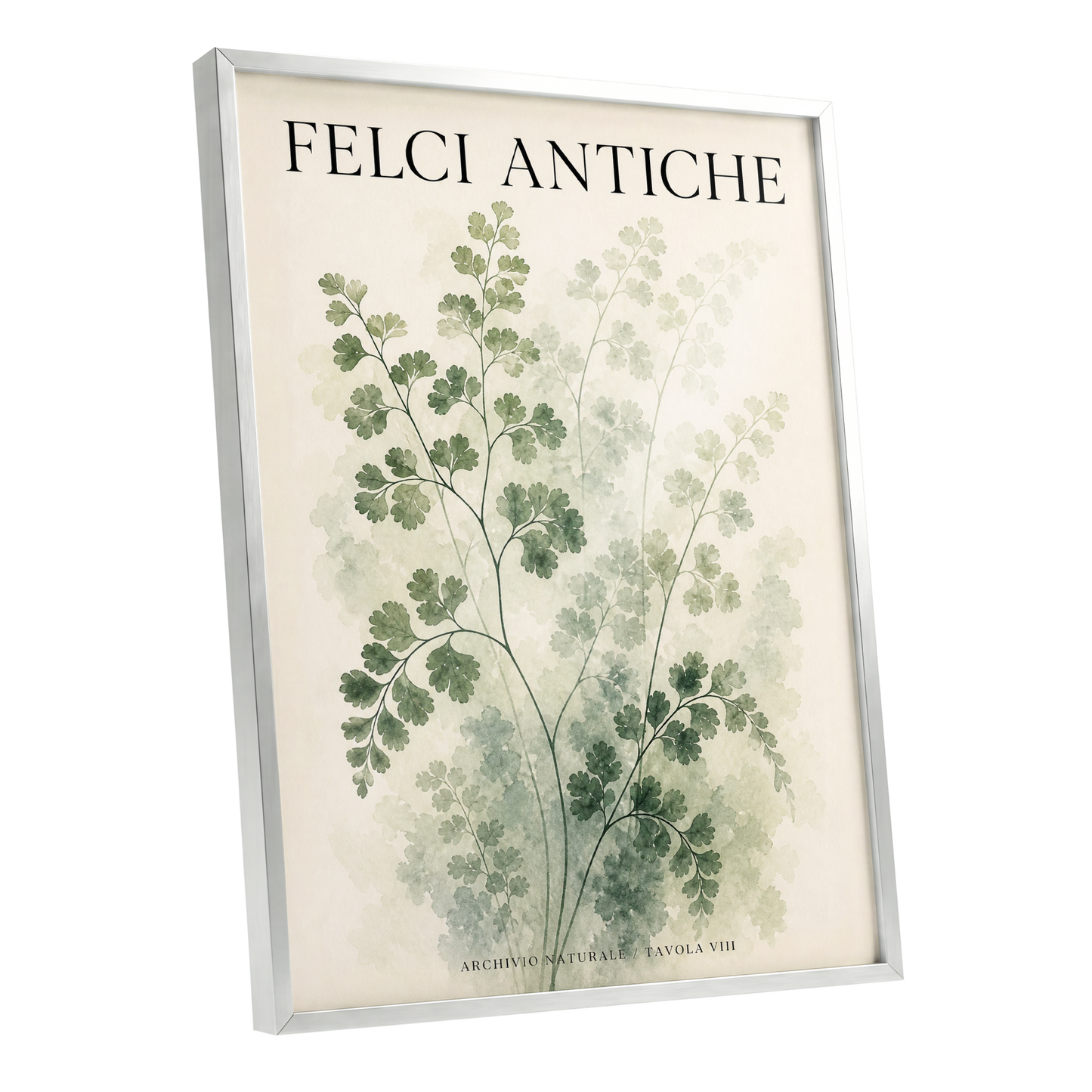 Verdant Herbarium, green, beige, black nature wall art shown as a silver framed poster wall art print