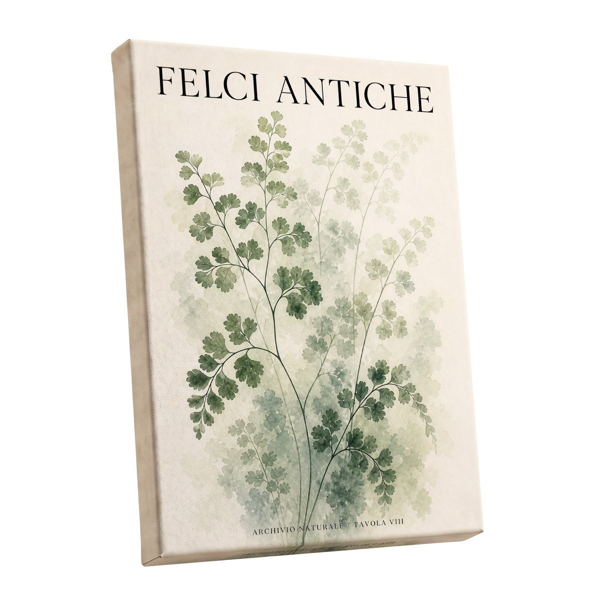 Verdant Herbarium, green, beige, black nature wall art shown as a stretched canvas wall art