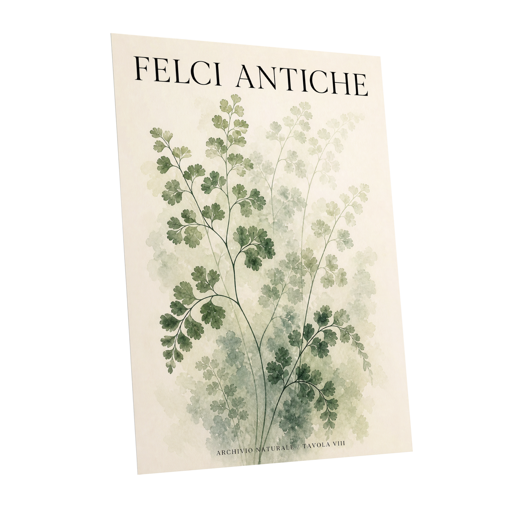 Verdant Herbarium, green, beige, black nature wall art shown as a unframed poster wall art print