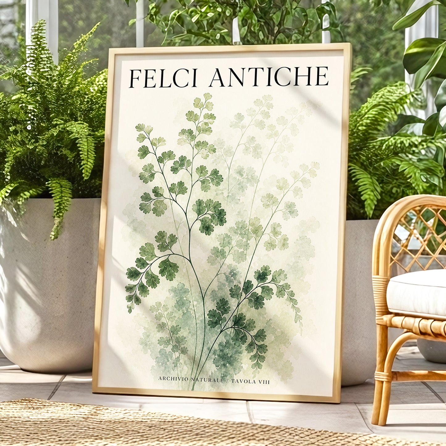 Verdant Herbarium, green, beige, black nature wall art displayed in a styled interior, gallery view 1