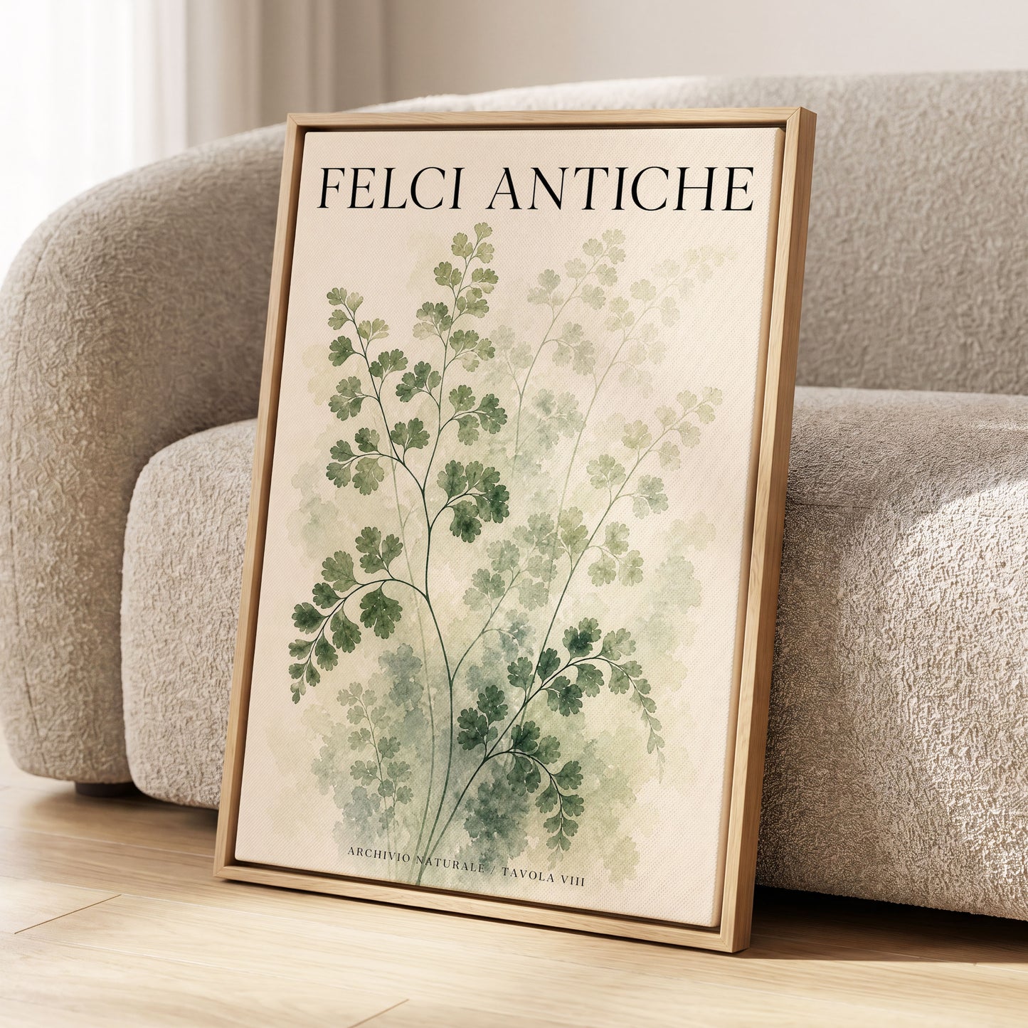 Verdant Herbarium, green, beige, black nature wall art displayed in a styled interior, gallery view 2