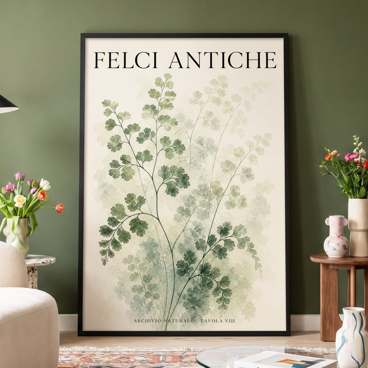 Verdant Herbarium, green, beige, black nature wall art displayed in a styled interior, gallery view 4