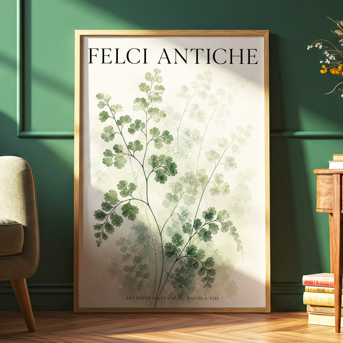 Verdant Herbarium, green, beige, black nature wall art displayed in a styled interior, gallery view 6