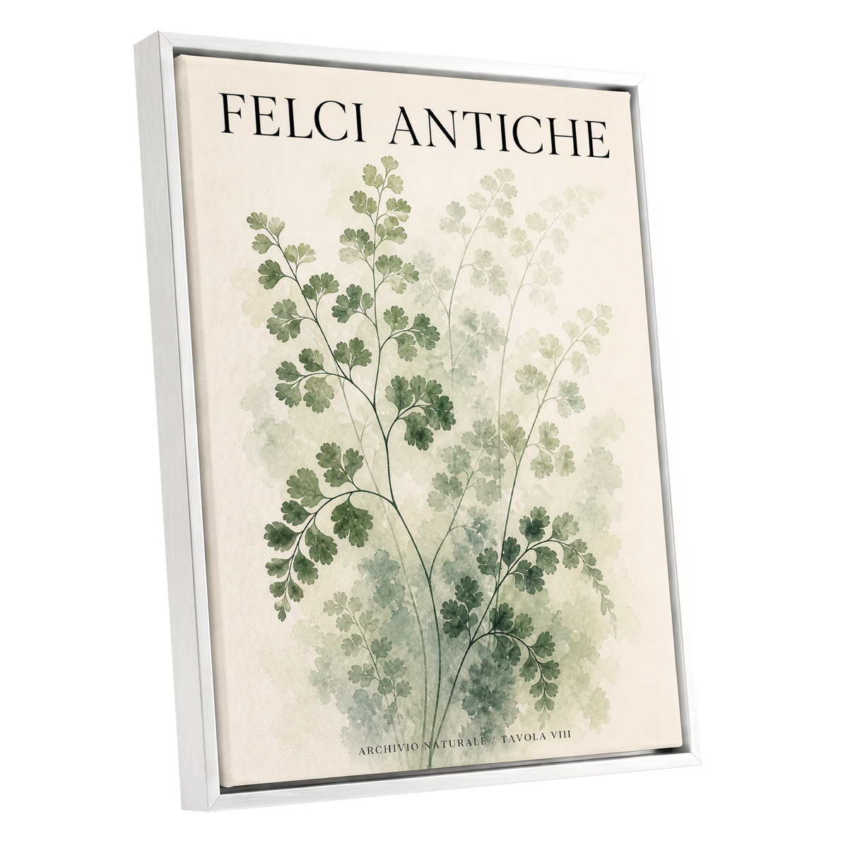 Verdant Herbarium, green, beige, black nature wall art shown as a white framed canvas wall art