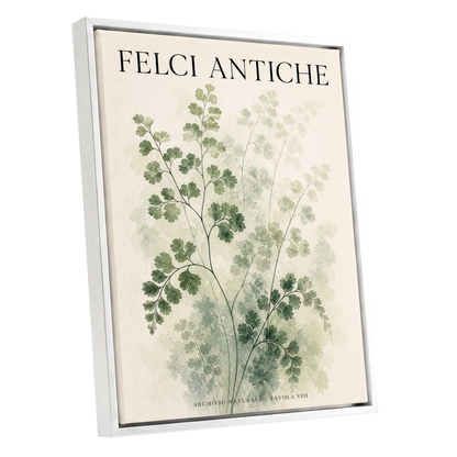 Verdant Herbarium, green, beige, black nature wall art shown as a white framed canvas wall art