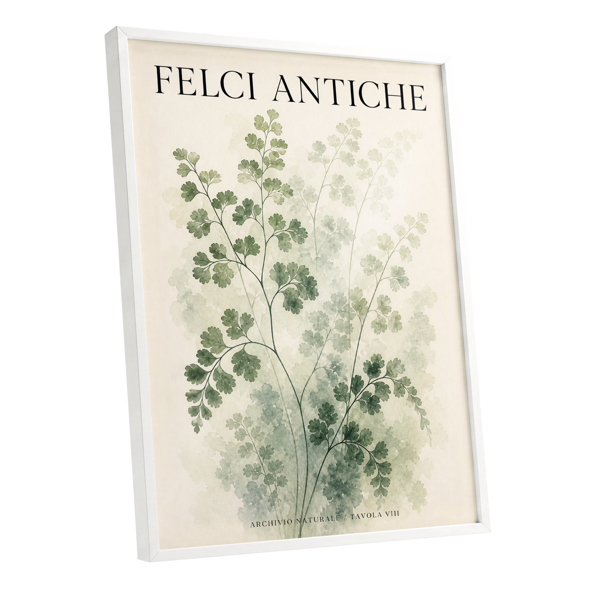 Verdant Herbarium, green, beige, black nature wall art shown as a white framed poster wall art print