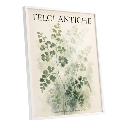 Verdant Herbarium, green, beige, black nature wall art shown as a white framed poster wall art print