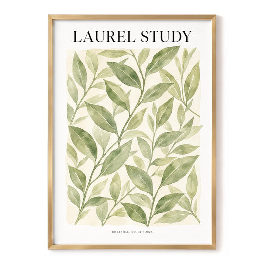 Verdant Laurel Study, green, beige, white nature wall art, front artwork view
