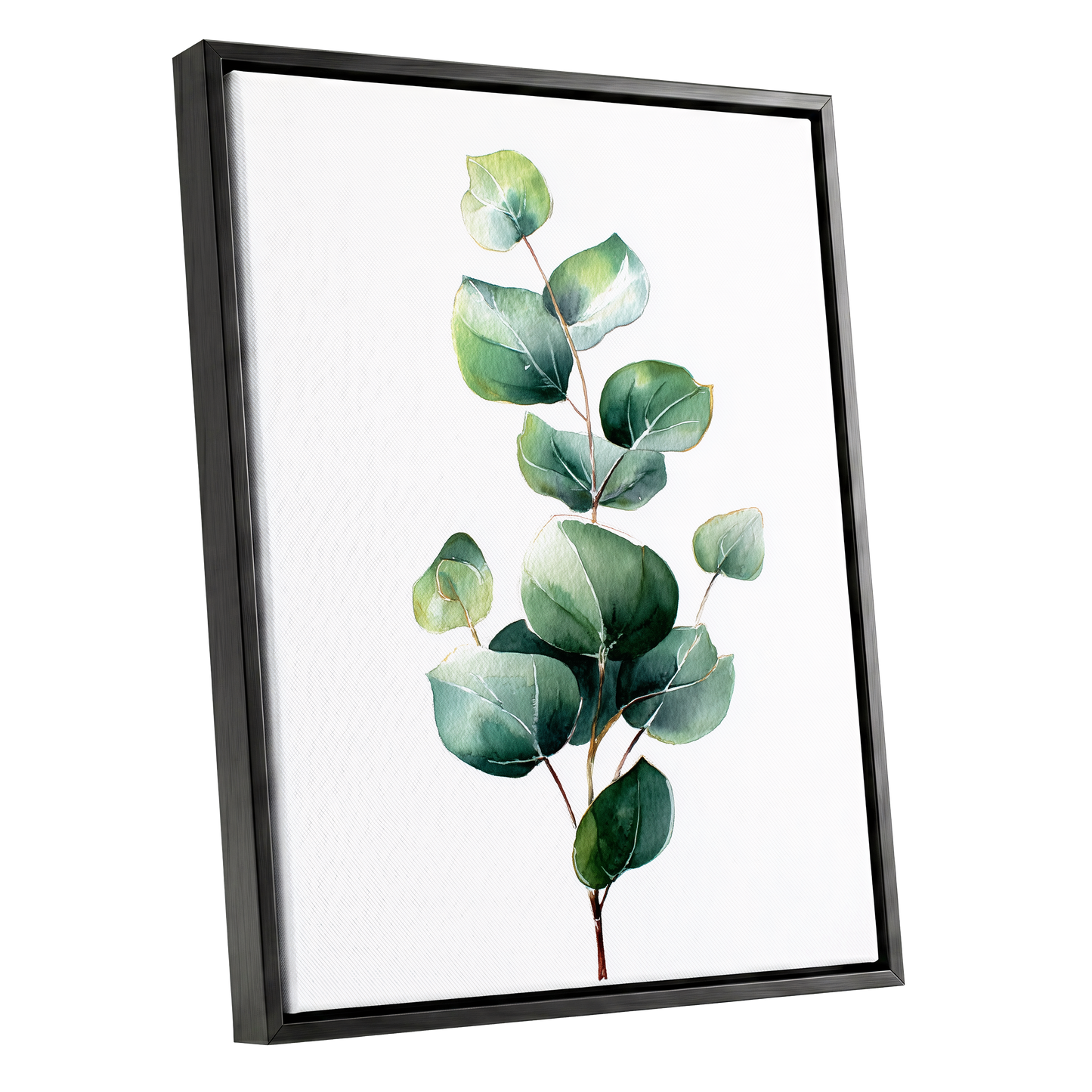 Verdant Leaf Study, green, white, brown nature wall art shown as a black framed canvas wall art