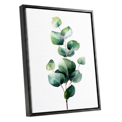 Verdant Leaf Study, green, white, brown nature wall art shown as a black framed canvas wall art