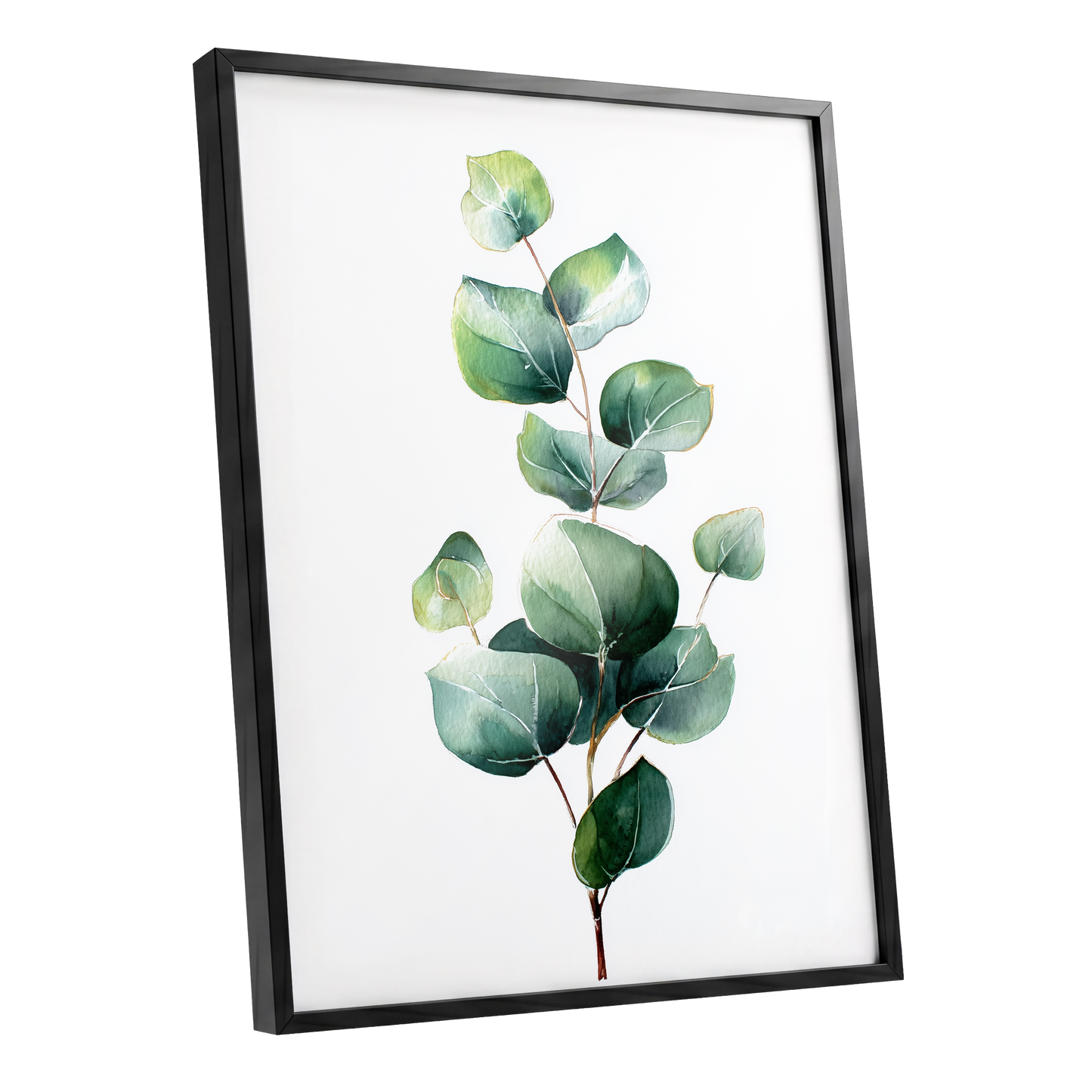 Verdant Leaf Study, green, white, brown nature wall art shown as a black framed poster wall art print