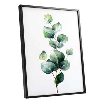 Verdant Leaf Study, green, white, brown nature wall art shown as a black framed poster wall art print