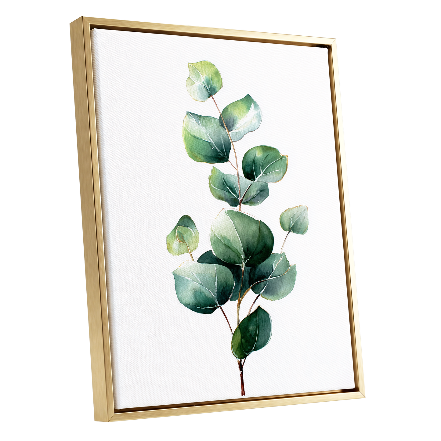 Verdant Leaf Study, green, white, brown nature wall art shown as a gold framed canvas wall art