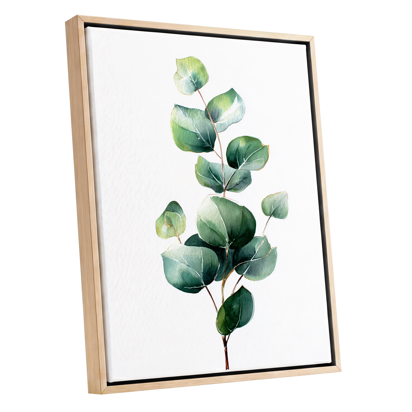 Verdant Leaf Study, green, white, brown nature wall art shown as a oak framed canvas wall art