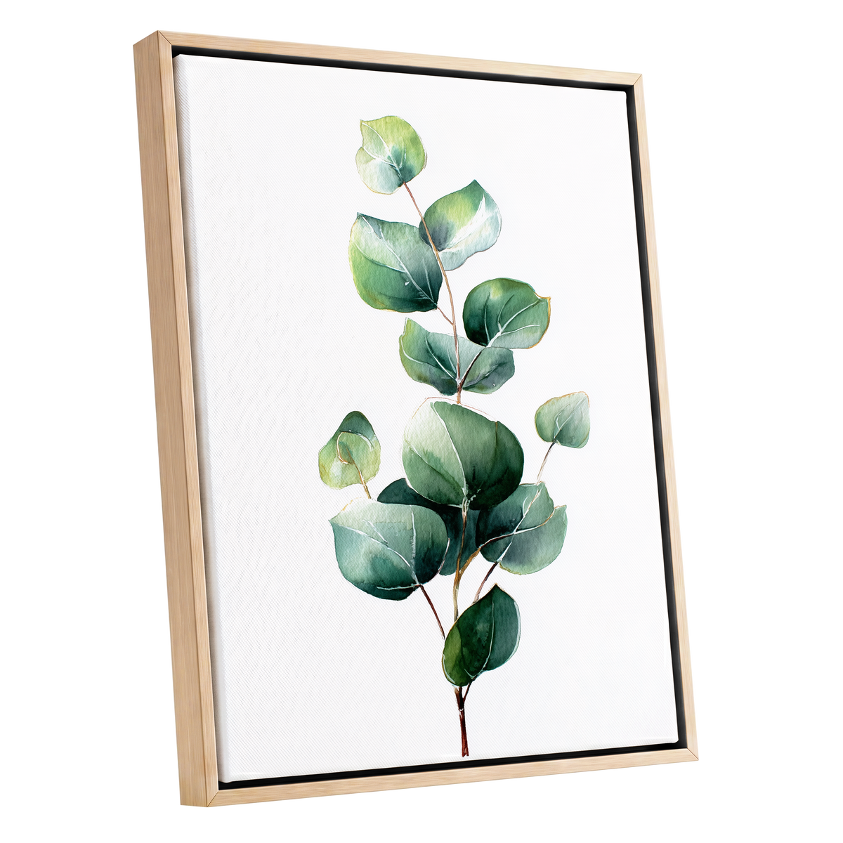 Verdant Leaf Study, green, white, brown nature wall art shown as a oak framed canvas wall art