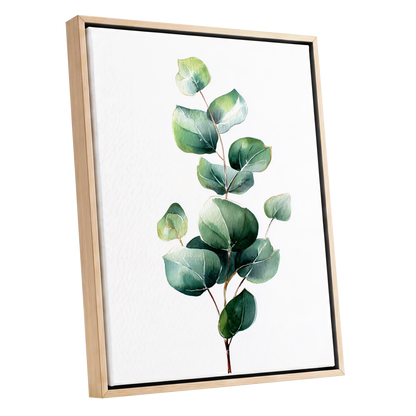 Verdant Leaf Study, green, white, brown nature wall art shown as a oak framed canvas wall art
