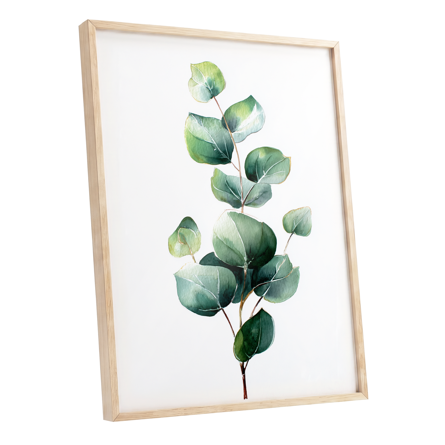 Verdant Leaf Study, green, white, brown nature wall art shown as a oak framed poster wall art print