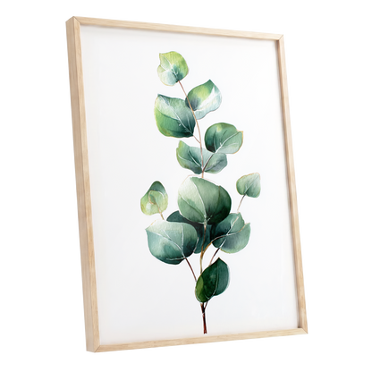 Verdant Leaf Study, green, white, brown nature wall art shown as a oak framed poster wall art print