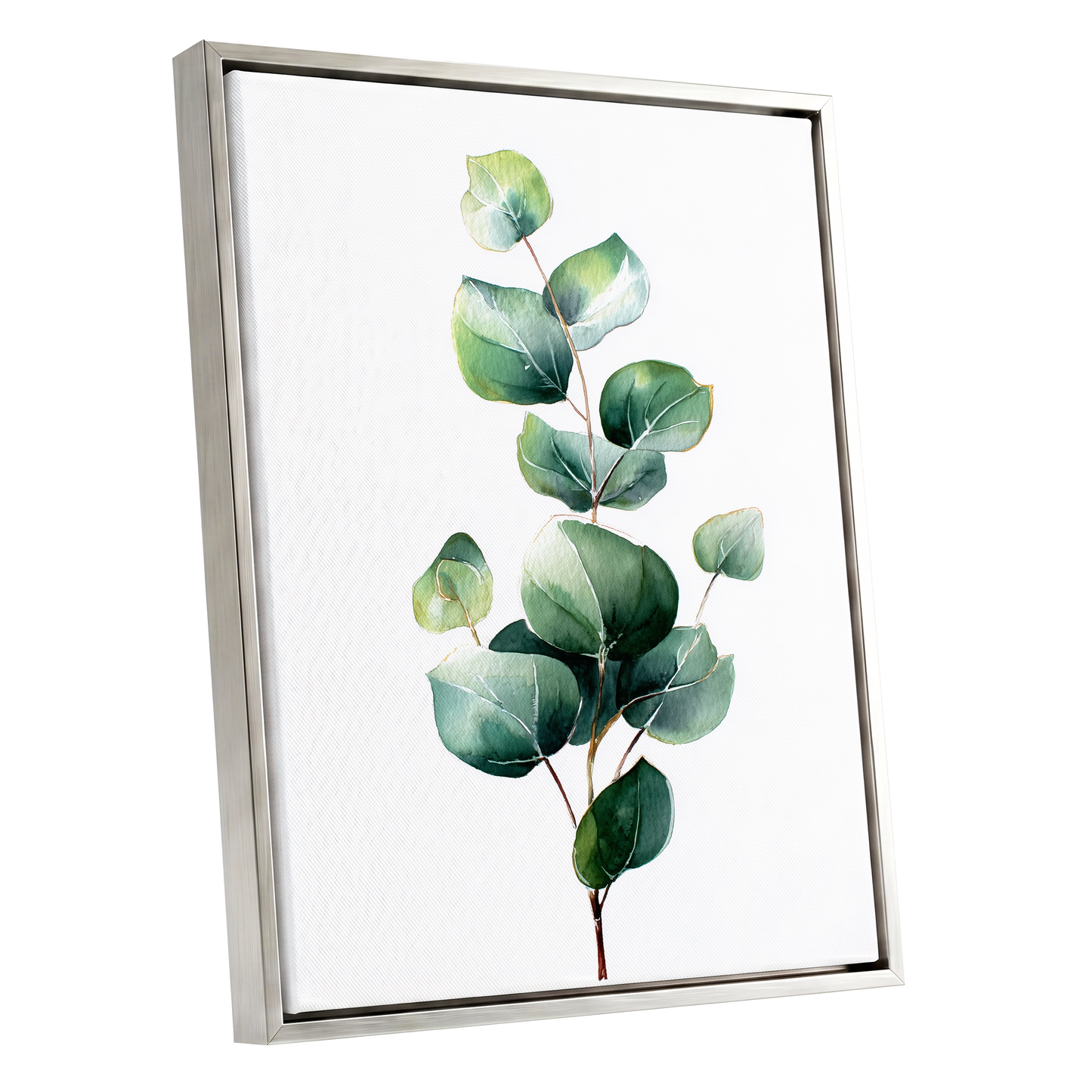 Verdant Leaf Study, green, white, brown nature wall art shown as a silver framed canvas wall art