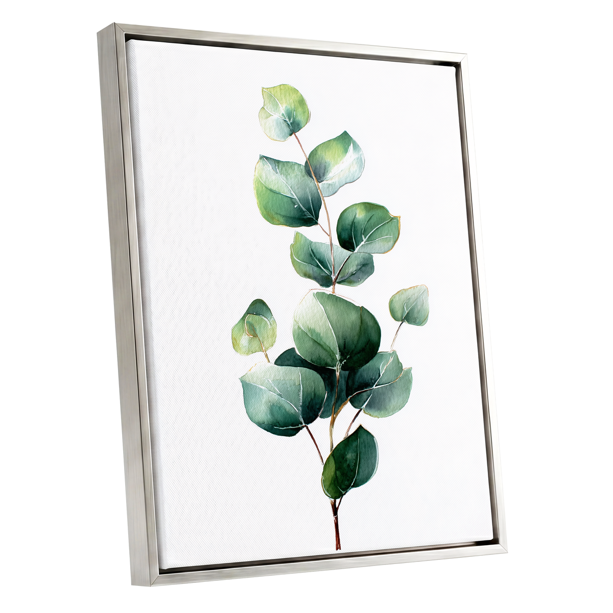 Verdant Leaf Study, green, white, brown nature wall art shown as a silver framed canvas wall art