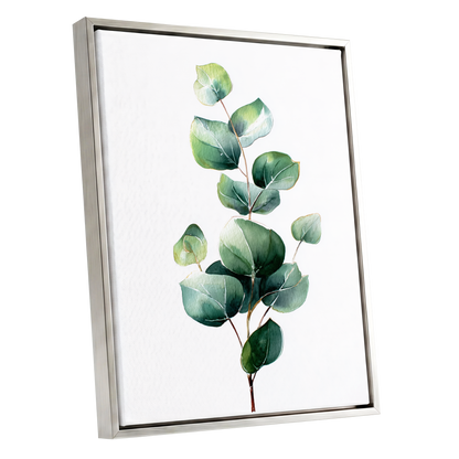 Verdant Leaf Study, green, white, brown nature wall art shown as a silver framed canvas wall art