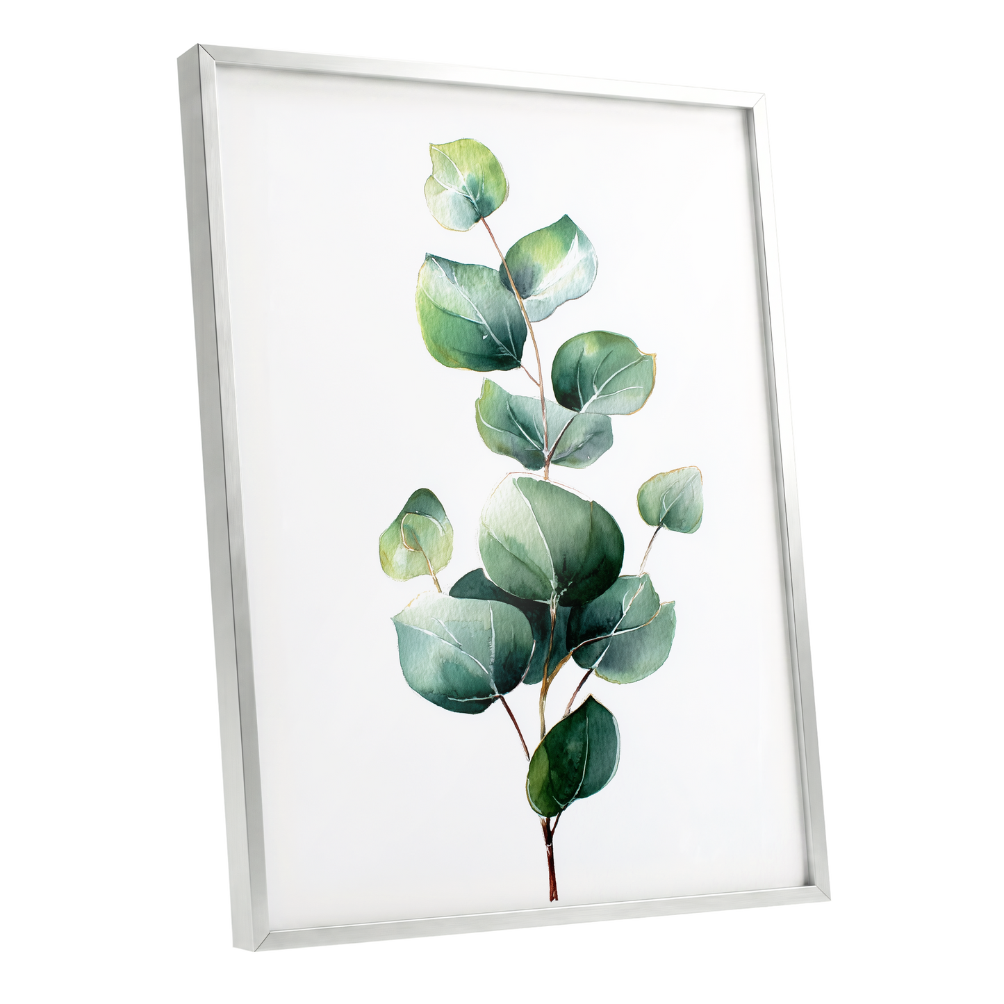 Verdant Leaf Study, green, white, brown nature wall art shown as a silver framed poster wall art print