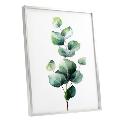 Verdant Leaf Study, green, white, brown nature wall art shown as a silver framed poster wall art print