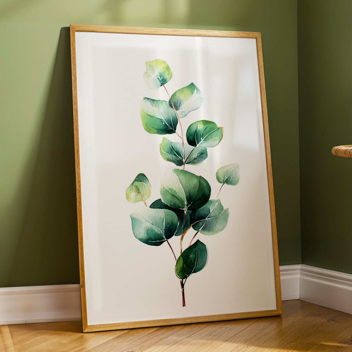 Verdant Leaf Study, green, white, brown nature wall art displayed in a styled interior, gallery view 2