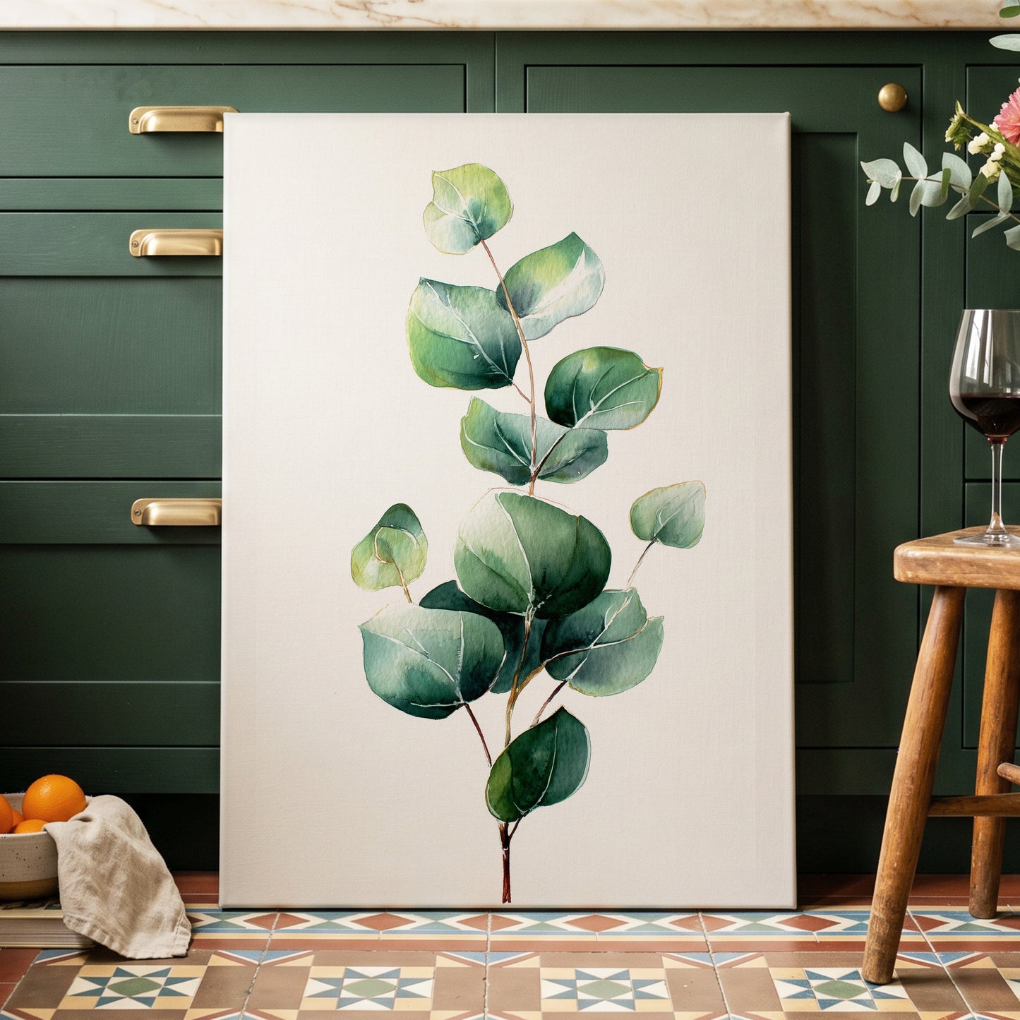 Verdant Leaf Study, green, white, brown nature wall art displayed in a styled interior, gallery view 3