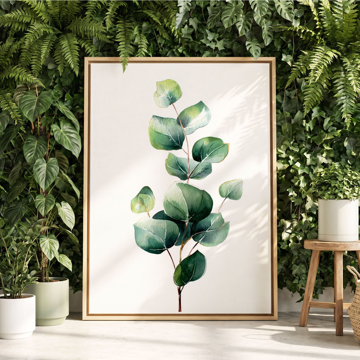 Verdant Leaf Study, green, white, brown nature wall art displayed in a styled interior, gallery view 4