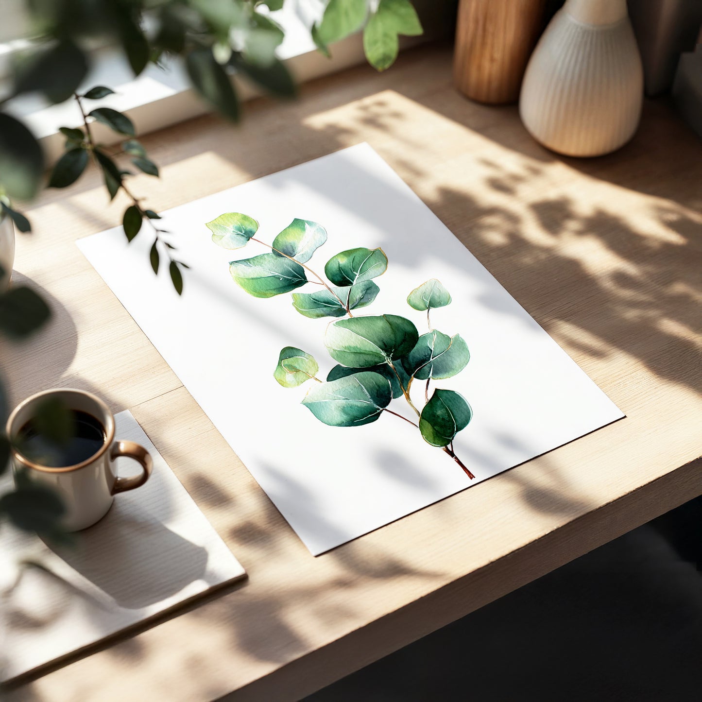 Verdant Leaf Study, green, white, brown nature wall art displayed in a styled interior, gallery view 5