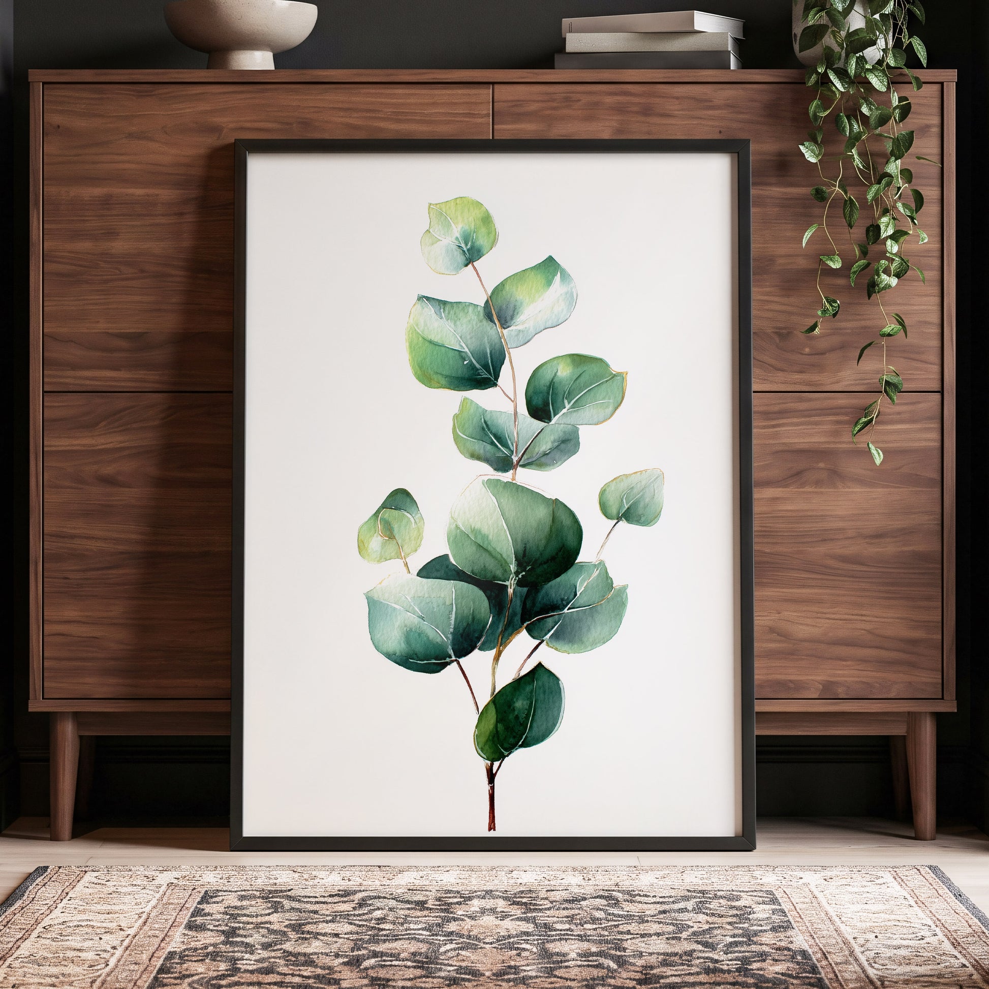 Verdant Leaf Study, green, white, brown nature wall art displayed in a styled interior, gallery view 6