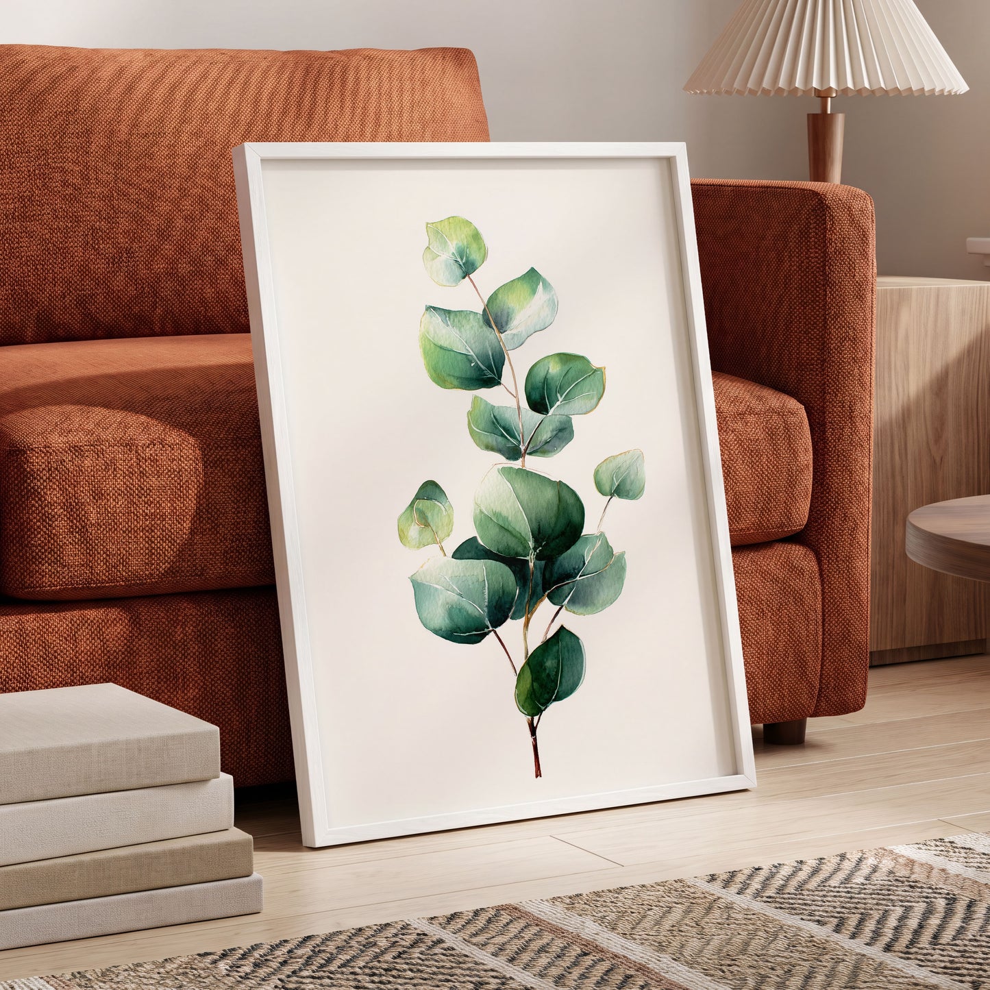 Verdant Leaf Study, green, white, brown nature wall art displayed in a styled interior, gallery view 9