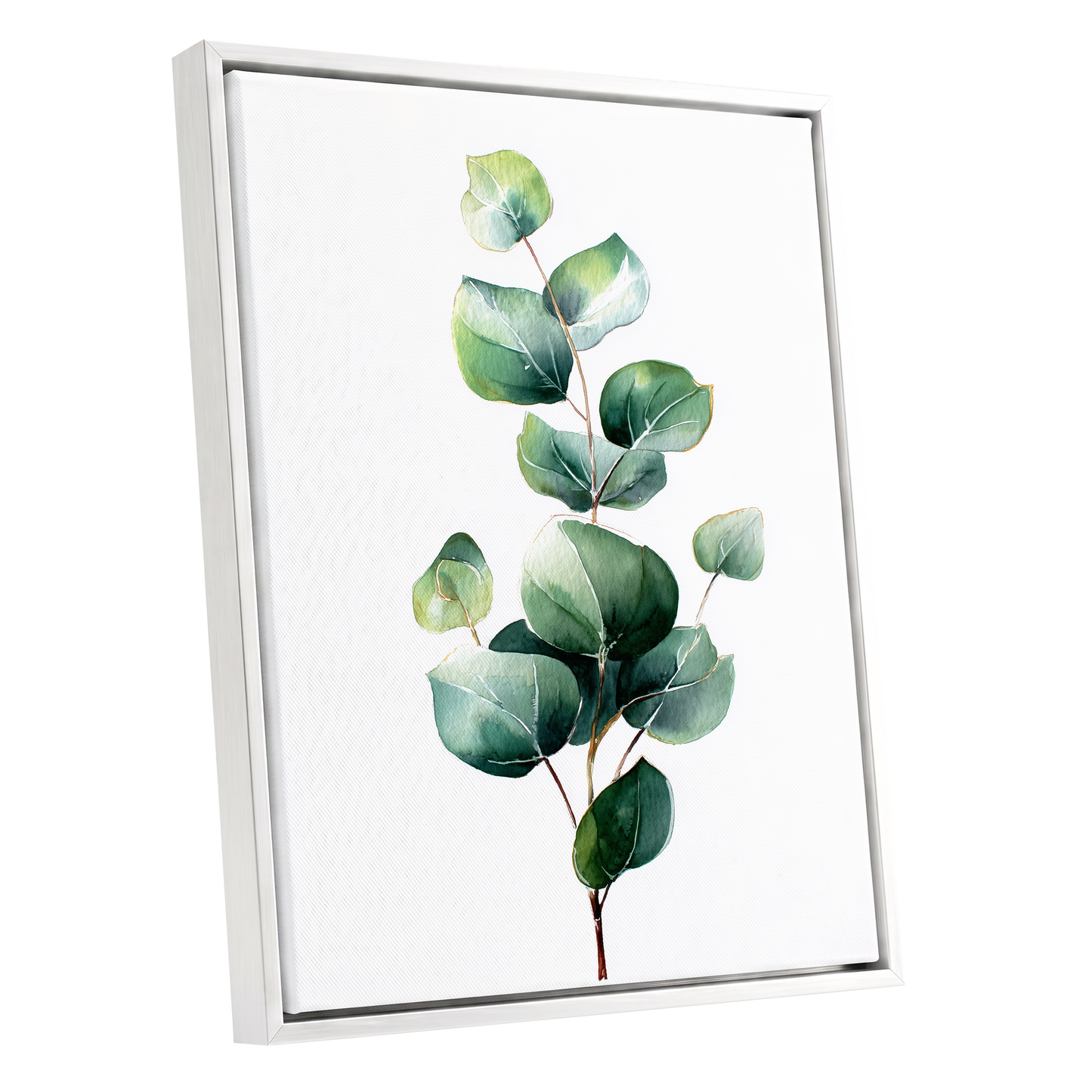 Verdant Leaf Study, green, white, brown nature wall art shown as a white framed canvas wall art
