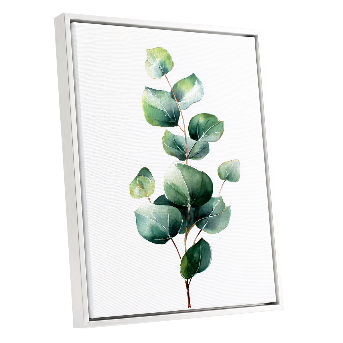 Verdant Leaf Study, green, white, brown nature wall art shown as a white framed canvas wall art