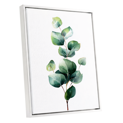 Verdant Leaf Study, green, white, brown nature wall art shown as a white framed canvas wall art