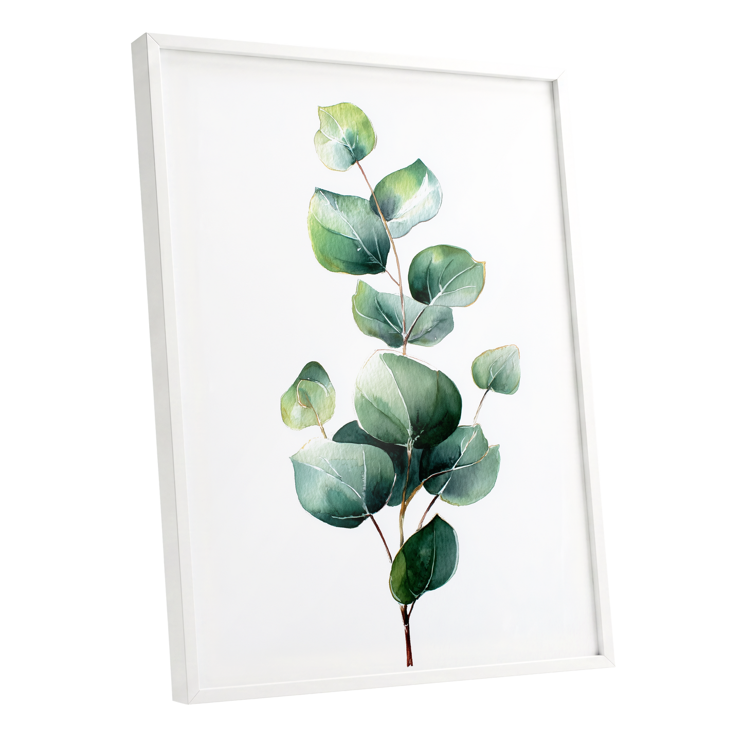 Verdant Leaf Study, green, white, brown nature wall art shown as a white framed poster wall art print