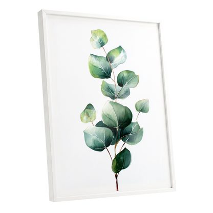 Verdant Leaf Study, green, white, brown nature wall art shown as a white framed poster wall art print