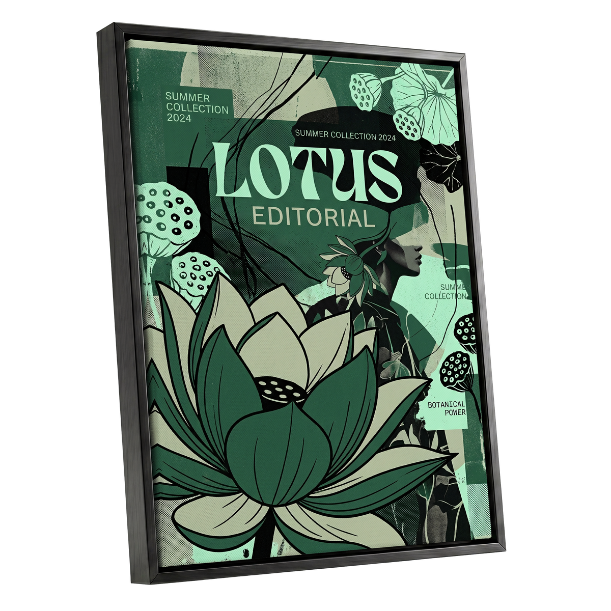 Verdant Lotus Editorial, green, black, beige floral wall art shown as a black framed canvas wall art