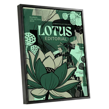Verdant Lotus Editorial, green, black, beige floral wall art shown as a black framed canvas wall art