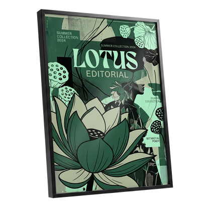 Verdant Lotus Editorial, green, black, beige floral wall art shown as a black framed poster wall art print